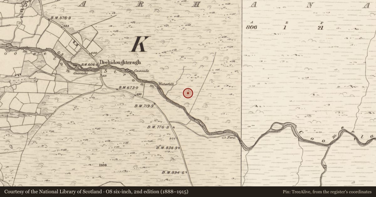 Ordnance Survey six-inch map, 2nd edition (1888–1915) covering the location of Enclosure, Gearhanagoul, County Kerry, with a pin at the register's coordinates