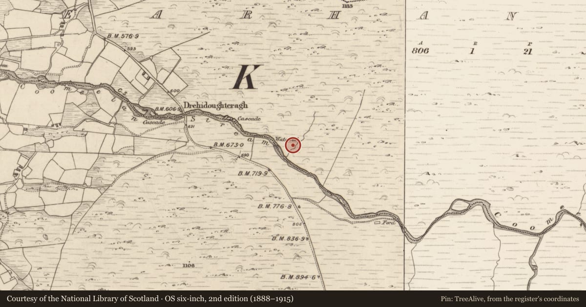 Ordnance Survey six-inch map, 2nd edition (1888–1915) covering the location of Fulacht fia, Gearhanagoul, County Kerry, with a pin at the register's coordinates