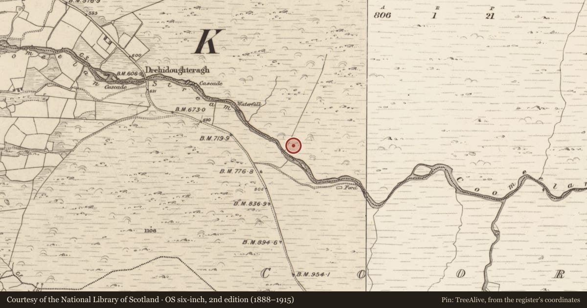 Ordnance Survey six-inch map, 2nd edition (1888–1915) covering the location of Enclosure, Gearhanagoul, County Kerry, with a pin at the register's coordinates