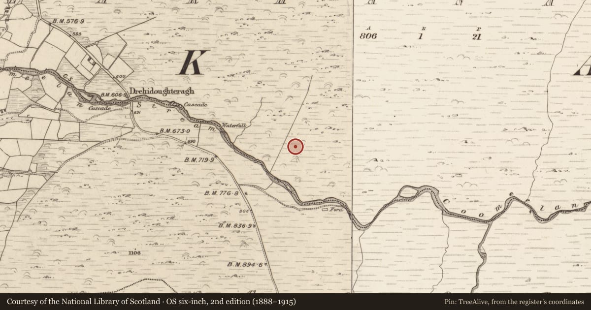 Ordnance Survey six-inch map, 2nd edition (1888–1915) covering the location of Enclosure, Gearhanagoul, County Kerry, with a pin at the register's coordinates