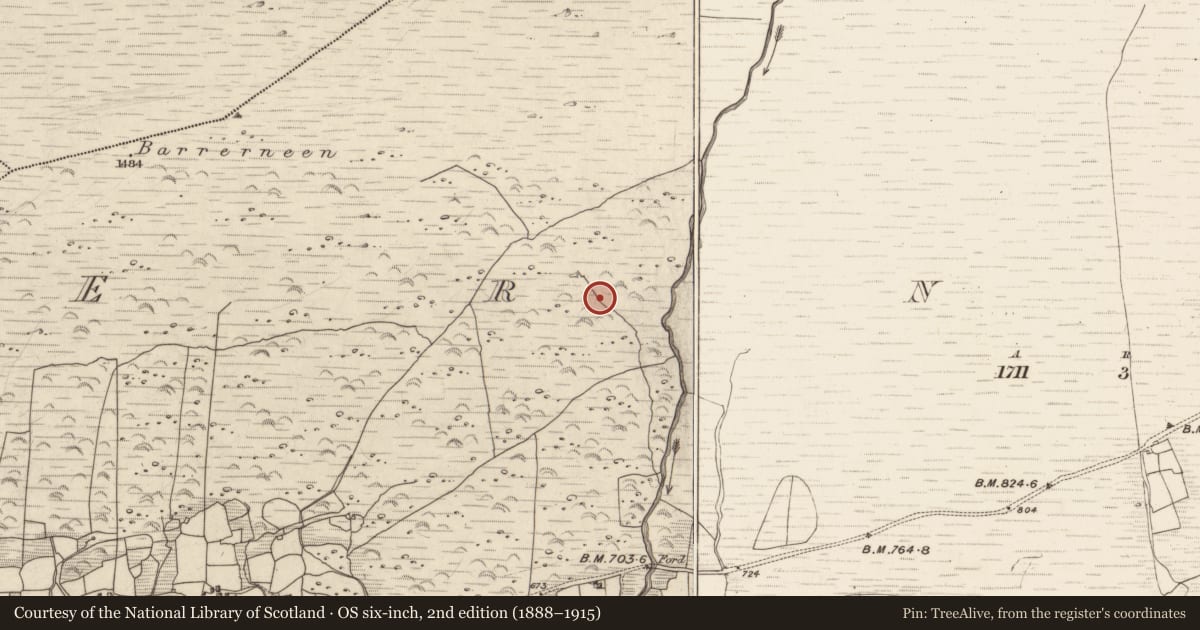 Ordnance Survey six-inch map, 2nd edition (1888–1915) covering the location of Hut site, Erneen, County Kerry, with a pin at the register's coordinates