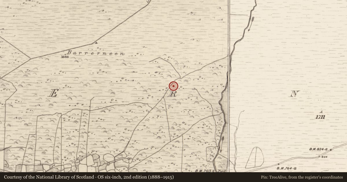 Ordnance Survey six-inch map, 2nd edition (1888–1915) covering the location of Hut site, Erneen, County Kerry, with a pin at the register's coordinates