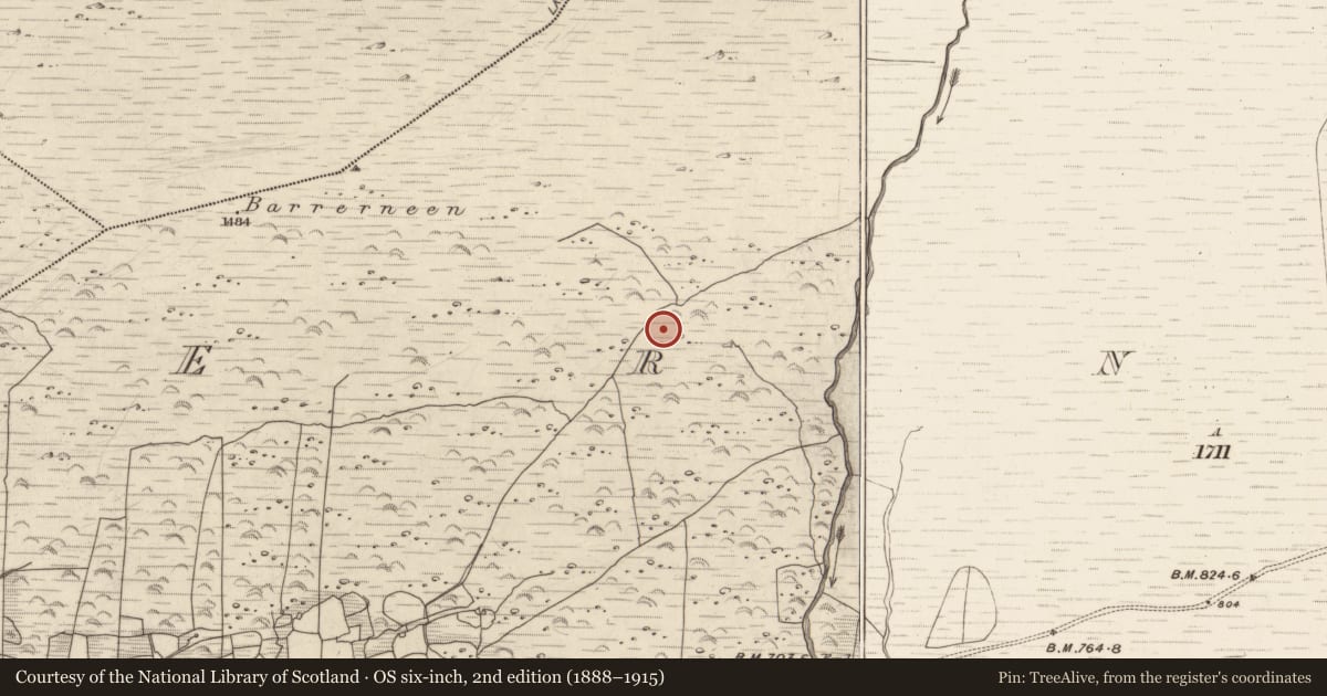 Ordnance Survey six-inch map, 2nd edition (1888–1915) covering the location of Hut site, Erneen, County Kerry, with a pin at the register's coordinates