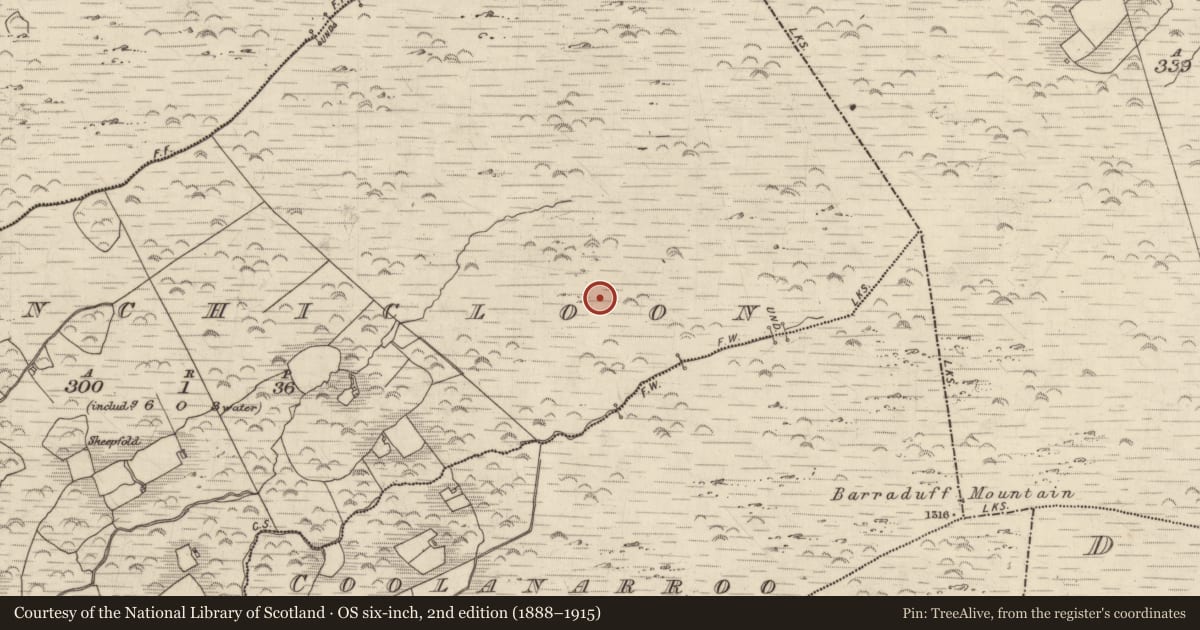 Ordnance Survey six-inch map, 2nd edition (1888–1915) covering the location of Cairn - unclassified, Inchicloon, County Kerry, with a pin at the register's coordinates