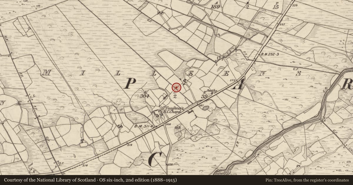 Ordnance Survey six-inch map, 2nd edition (1888–1915) covering the location of Ringfort - rath, Milleens, County Kerry, with a pin at the register's coordinates