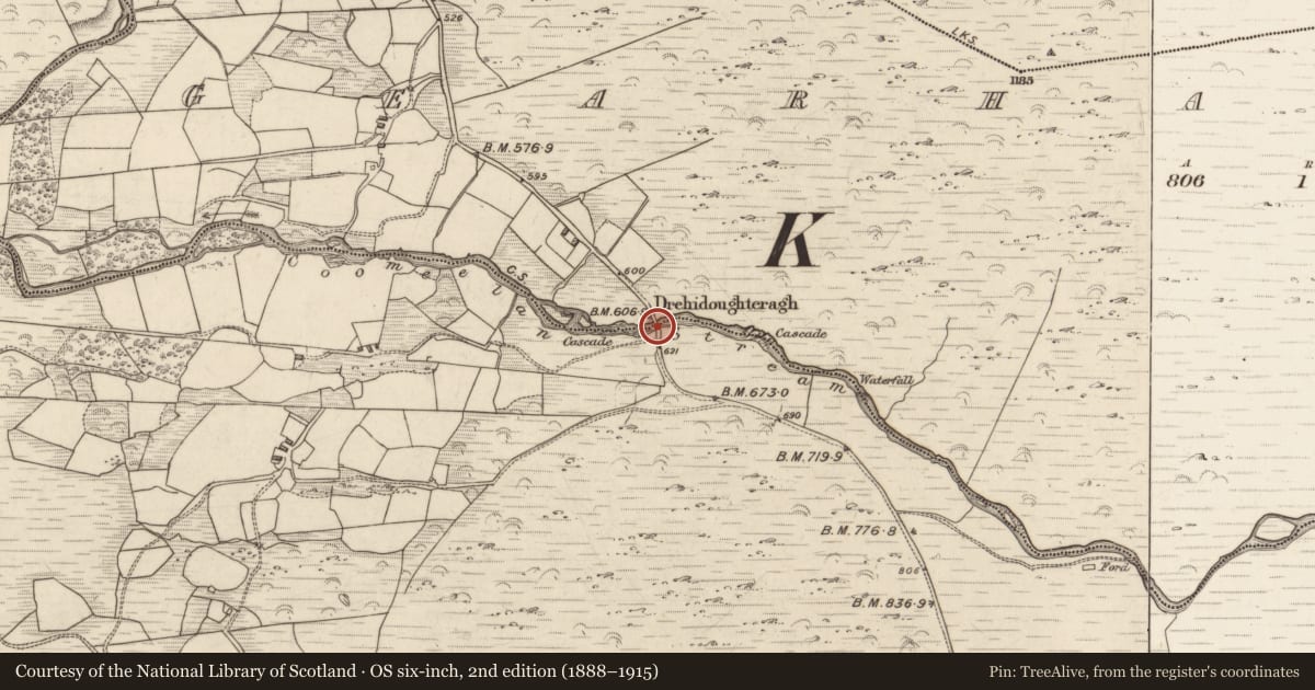 Ordnance Survey six-inch map, 2nd edition (1888–1915) covering the location of Bridge, Coorleagh, Gearhanagoul, County Kerry, with a pin at the register's coordinates