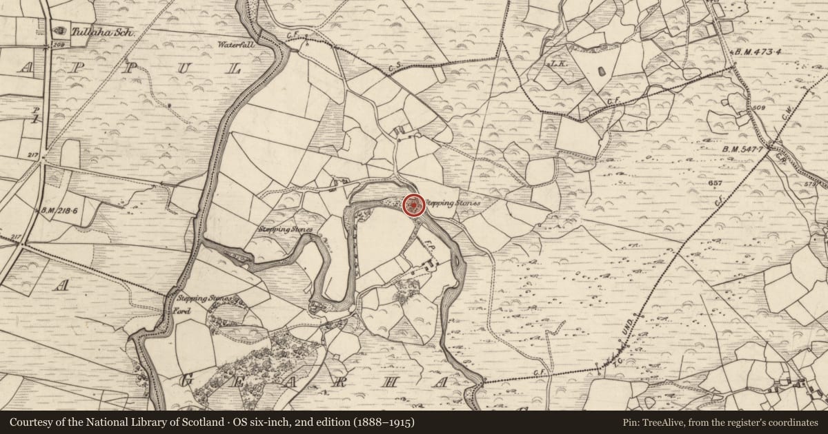 Ordnance Survey six-inch map, 2nd edition (1888–1915) covering the location of Stepping stones, Gearha, County Kerry, with a pin at the register's coordinates