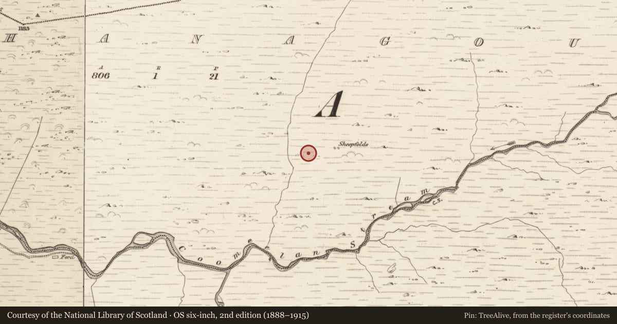 Ordnance Survey six-inch map, 2nd edition (1888–1915) covering the location of Field boundary, Gearhanagoul, County Kerry, with a pin at the register's coordinates