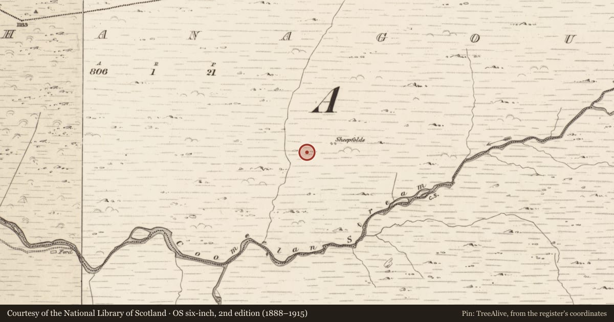 Ordnance Survey six-inch map, 2nd edition (1888–1915) covering the location of Cairn - unclassified, Gearhanagoul, County Kerry, with a pin at the register's coordinates