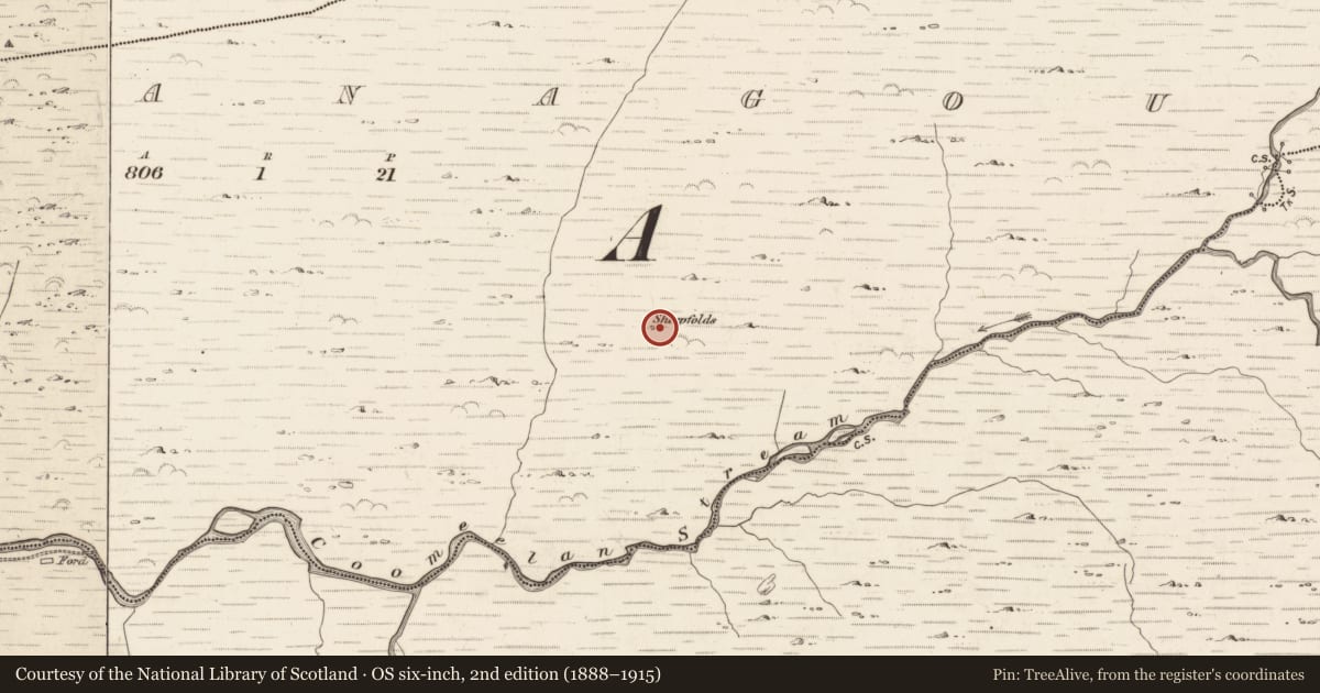 Ordnance Survey six-inch map, 2nd edition (1888–1915) covering the location of Hut site, Gearhanagoul, County Kerry, with a pin at the register's coordinates