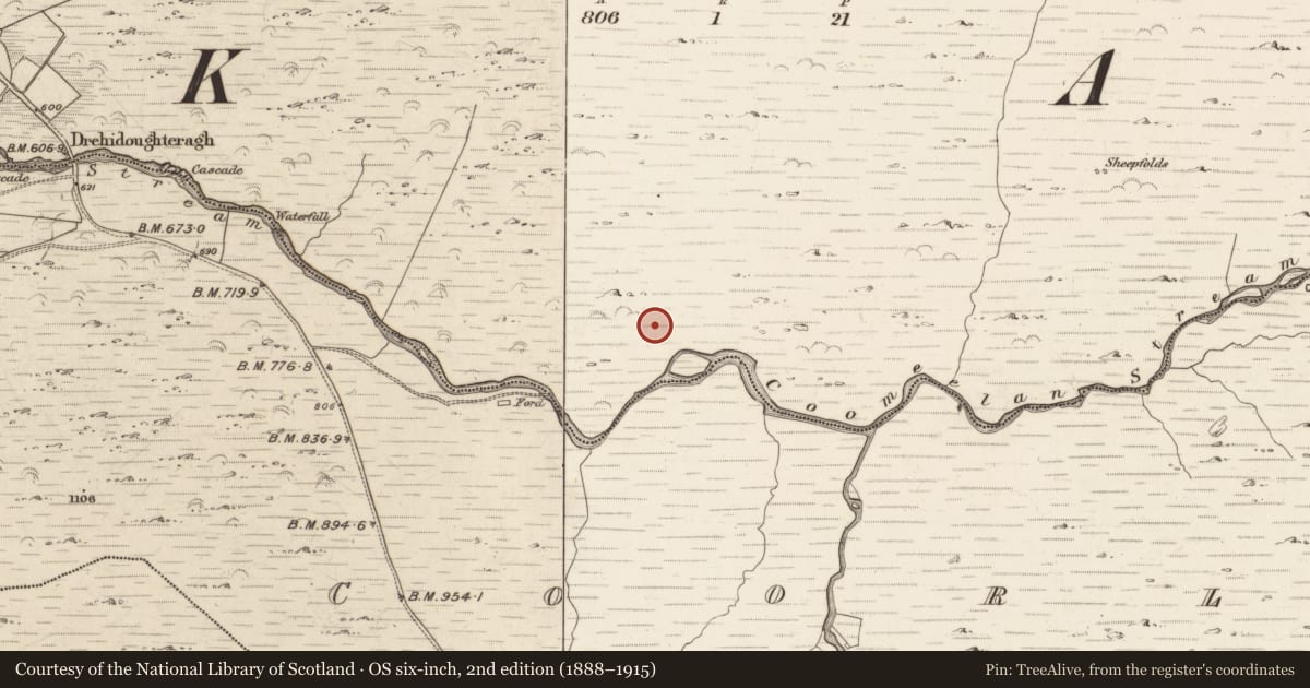 Ordnance Survey six-inch map, 2nd edition (1888–1915) covering the location of Enclosure, Gearhanagoul, County Kerry, with a pin at the register's coordinates