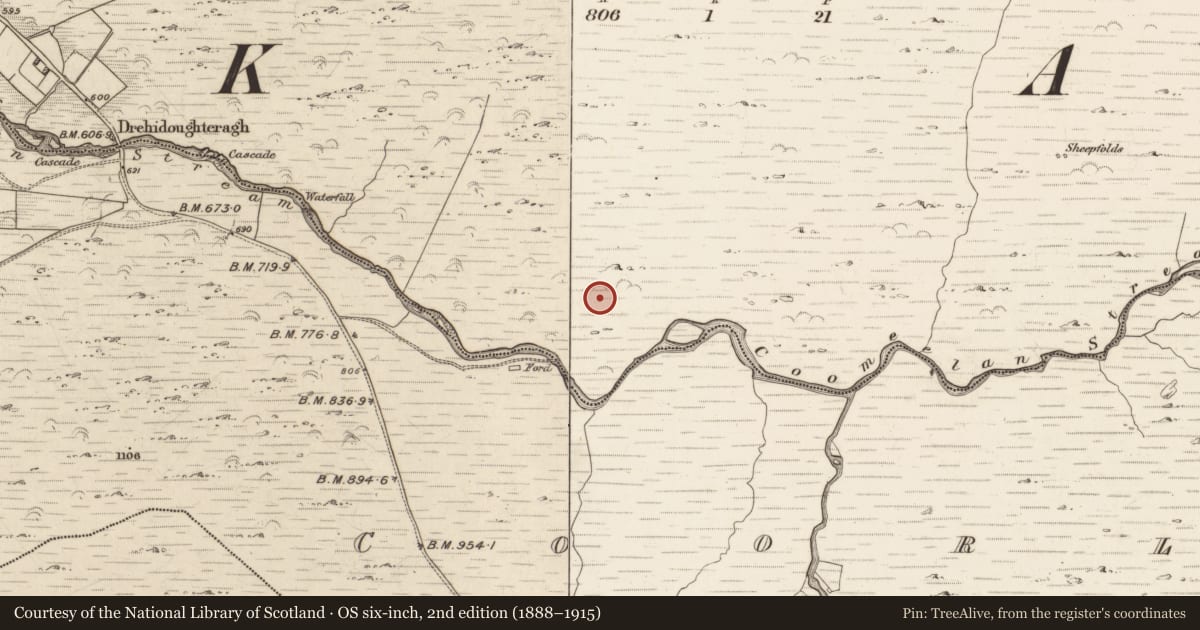 Ordnance Survey six-inch map, 2nd edition (1888–1915) covering the location of Hut site, Gearhanagoul, County Kerry, with a pin at the register's coordinates