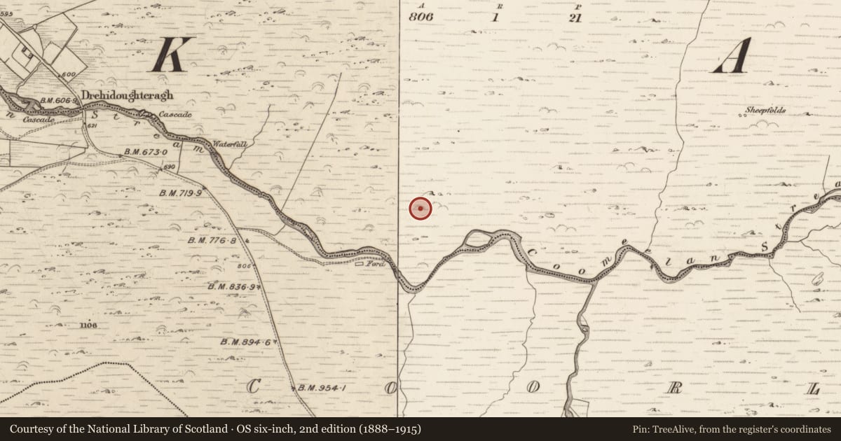 Ordnance Survey six-inch map, 2nd edition (1888–1915) covering the location of Hut site, Gearhanagoul, County Kerry, with a pin at the register's coordinates