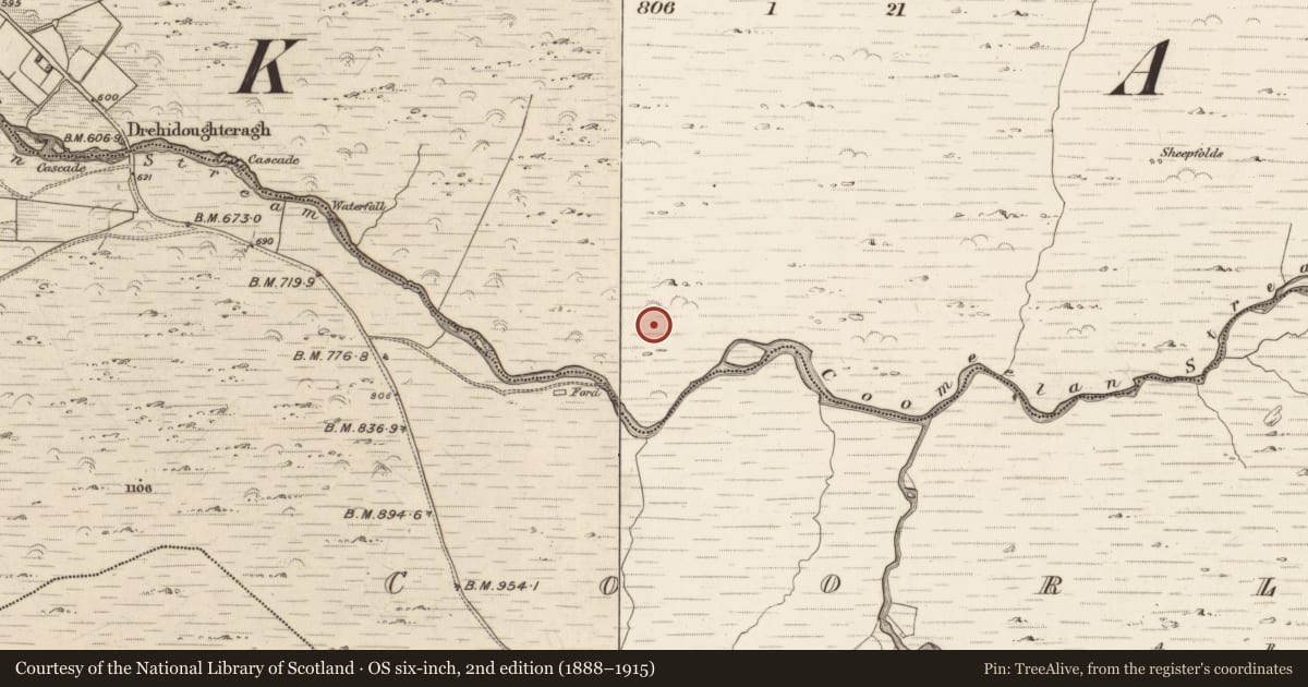Ordnance Survey six-inch map, 2nd edition (1888–1915) covering the location of Hut site, Gearhanagoul, County Kerry, with a pin at the register's coordinates