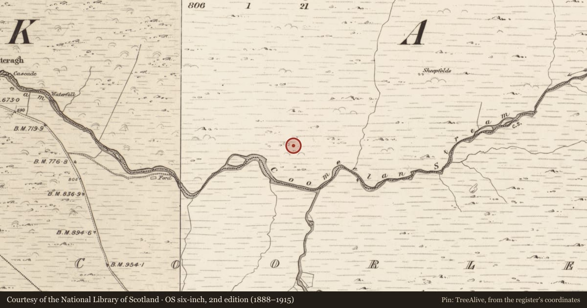 Ordnance Survey six-inch map, 2nd edition (1888–1915) covering the location of Hut site, Gearhanagoul, County Kerry, with a pin at the register's coordinates
