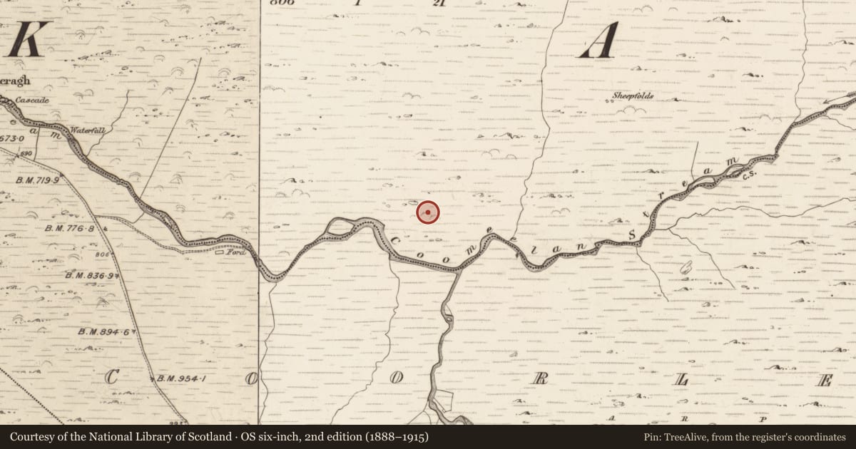 Ordnance Survey six-inch map, 2nd edition (1888–1915) covering the location of Enclosure, Gearhanagoul, County Kerry, with a pin at the register's coordinates