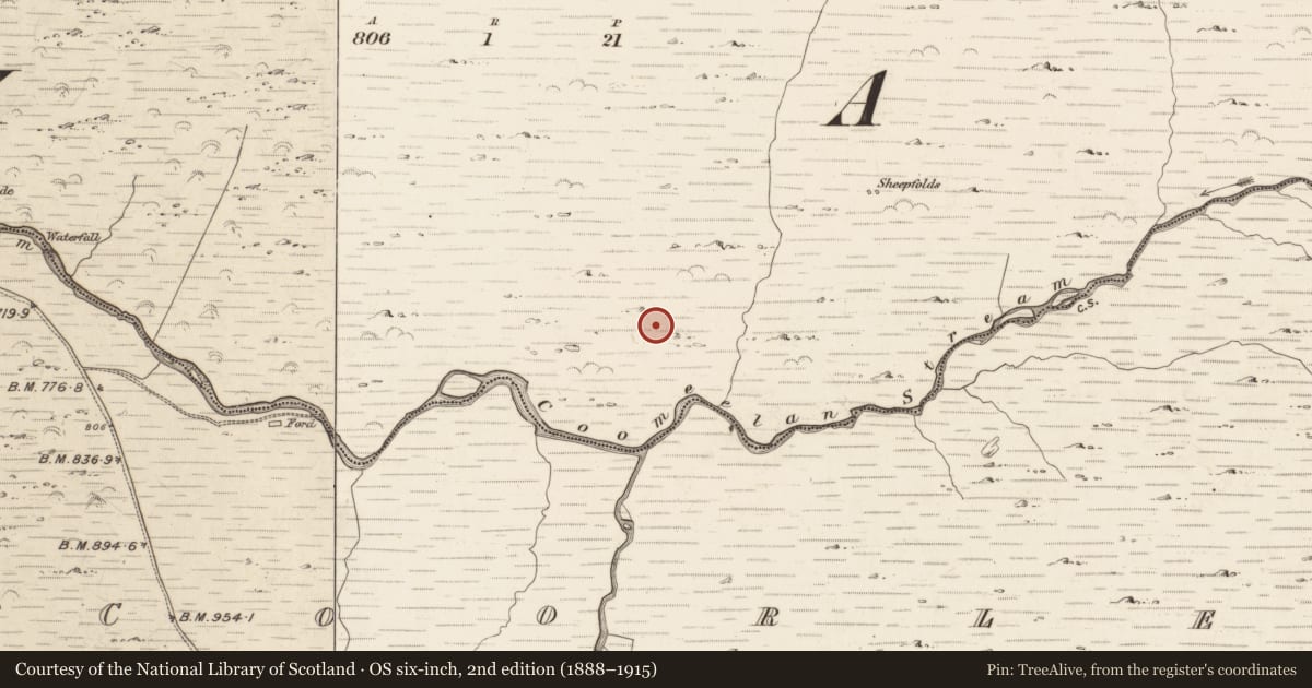 Ordnance Survey six-inch map, 2nd edition (1888–1915) covering the location of Field boundary, Gearhanagoul, County Kerry, with a pin at the register's coordinates