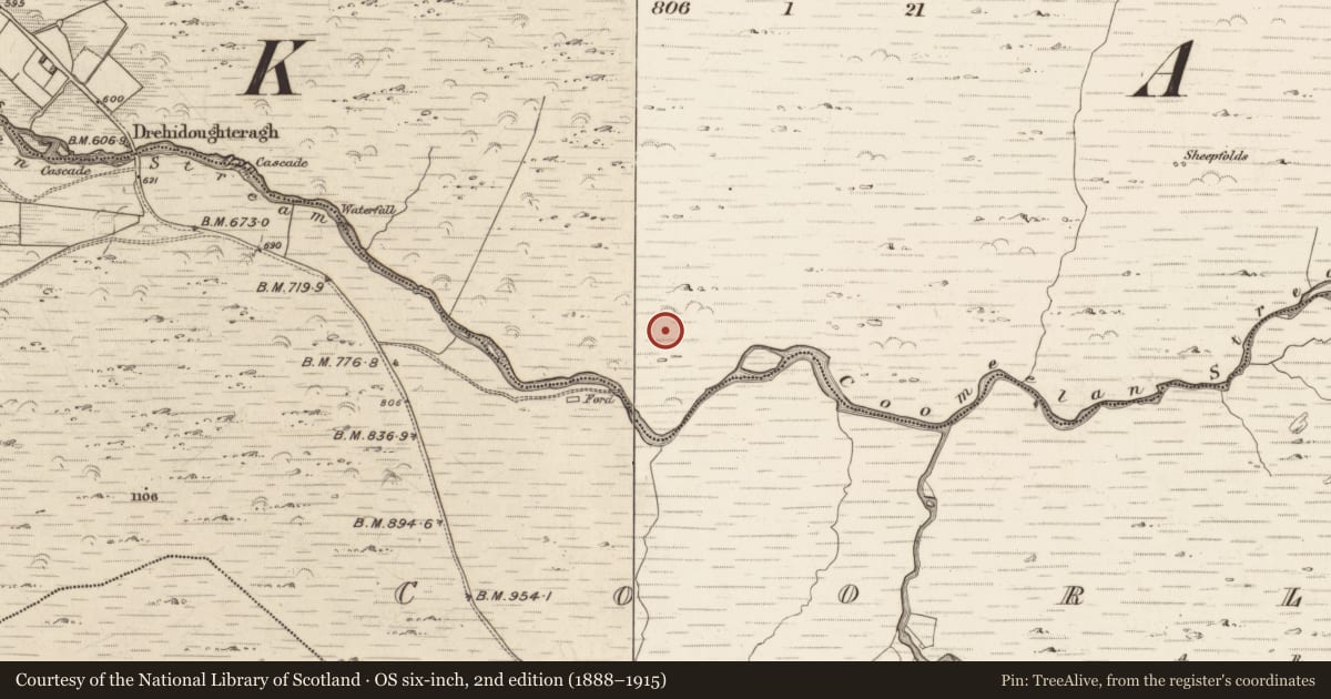 Ordnance Survey six-inch map, 2nd edition (1888–1915) covering the location of Hut site, Gearhanagoul, County Kerry, with a pin at the register's coordinates