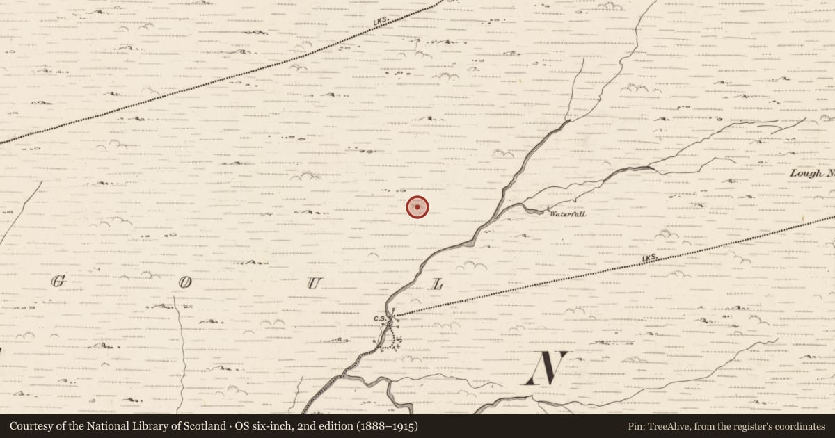 Ordnance Survey six-inch map, 2nd edition (1888–1915) covering the location of Enclosure, Gearhanagoul, County Kerry, with a pin at the register's coordinates