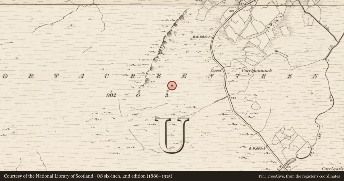 Ordnance Survey six-inch map, 2nd edition (1888–1915) covering the location of Hut site, Gortacreenteen, County Kerry, with a pin at the register's coordinates