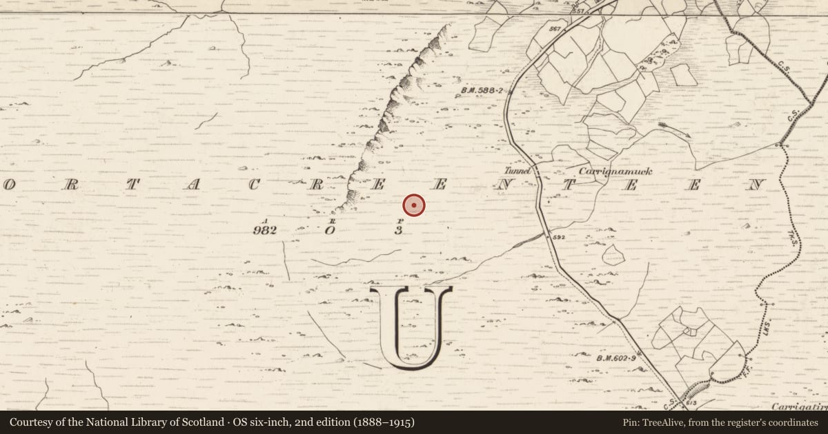 Ordnance Survey six-inch map, 2nd edition (1888–1915) covering the location of Hut site, Gortacreenteen, County Kerry, with a pin at the register's coordinates