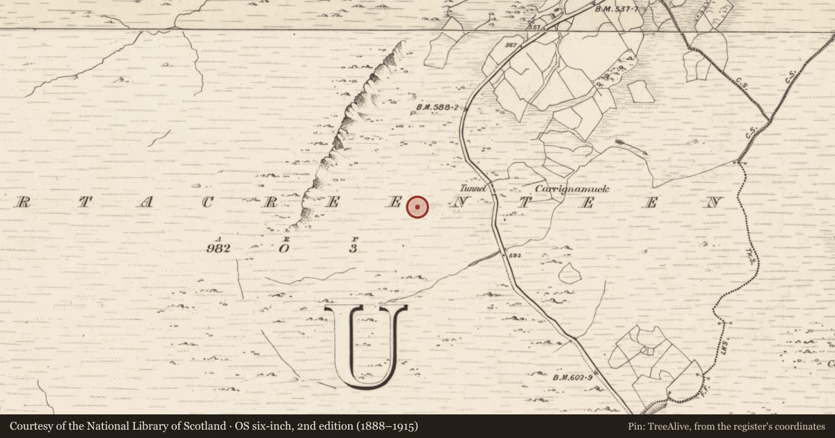 Ordnance Survey six-inch map, 2nd edition (1888–1915) covering the location of Hut site, Gortacreenteen, County Kerry, with a pin at the register's coordinates