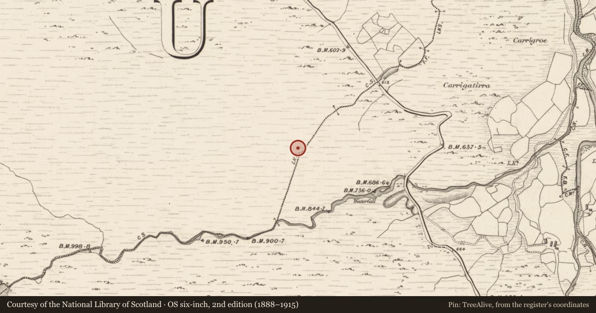 Ordnance Survey six-inch map, 2nd edition (1888–1915) covering the location of Enclosure, Gortacreenteen, County Kerry, with a pin at the register's coordinates