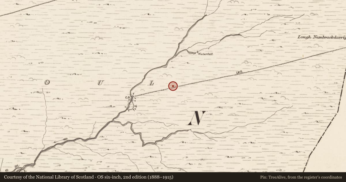 Ordnance Survey six-inch map, 2nd edition (1888–1915) covering the location of Hut site, Gearhanagoul, County Kerry, with a pin at the register's coordinates