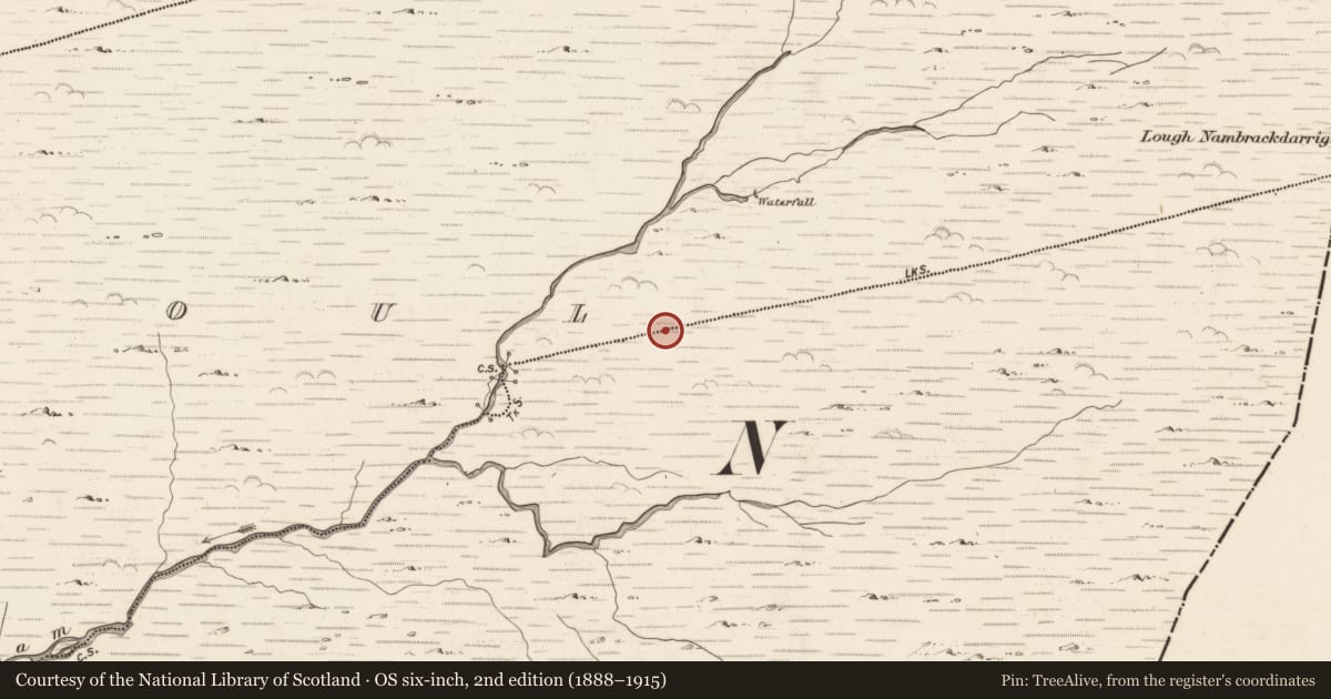 Ordnance Survey six-inch map, 2nd edition (1888–1915) covering the location of Hut site, Coorleagh, County Kerry, with a pin at the register's coordinates