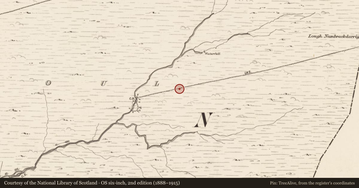 Ordnance Survey six-inch map, 2nd edition (1888–1915) covering the location of Hut site, Coorleagh, County Kerry, with a pin at the register's coordinates