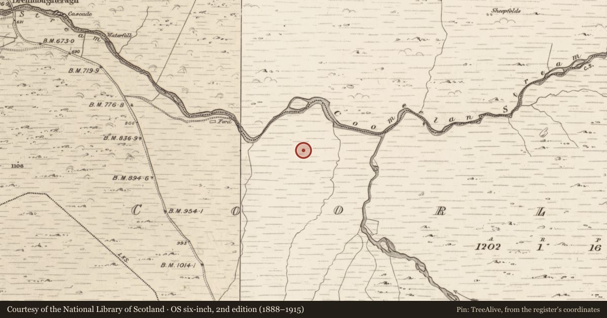 Ordnance Survey six-inch map, 2nd edition (1888–1915) covering the location of Enclosure, Coorleagh, County Kerry, with a pin at the register's coordinates