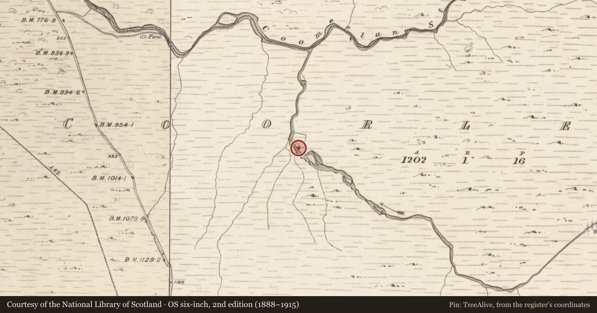 Ordnance Survey six-inch map, 2nd edition (1888–1915) covering the location of Hut site, Coorleagh, County Kerry, with a pin at the register's coordinates