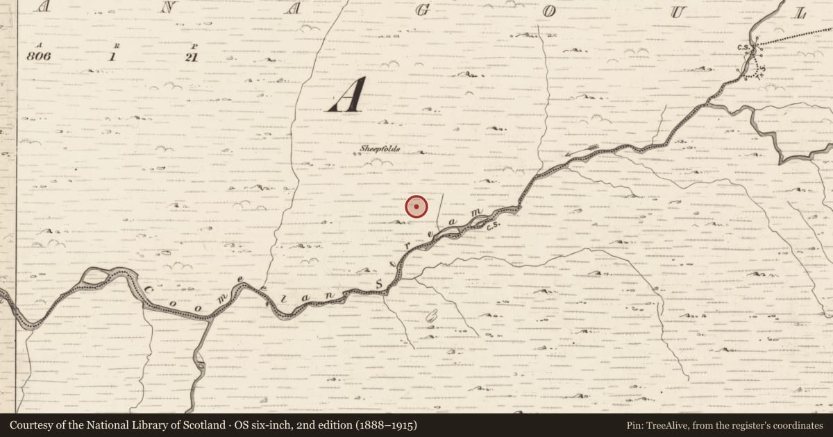 Ordnance Survey six-inch map, 2nd edition (1888–1915) covering the location of Fulacht fia, Gearhanagoul, County Kerry, with a pin at the register's coordinates