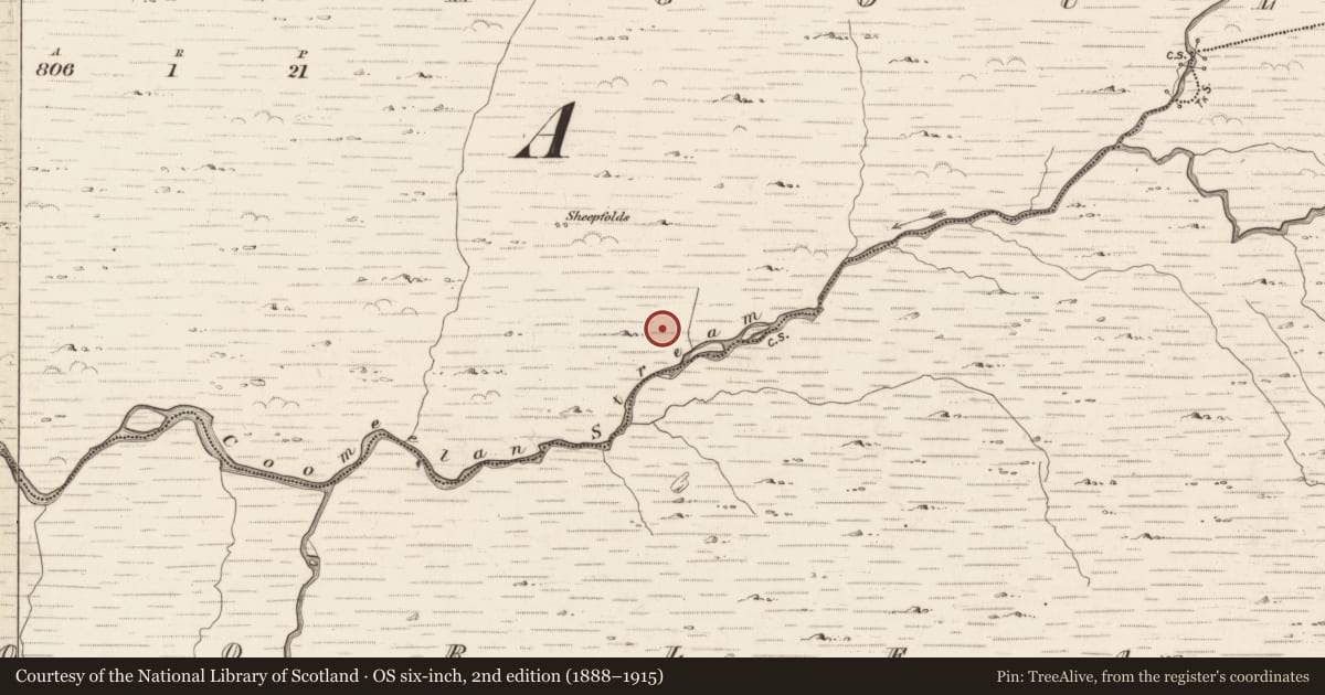Ordnance Survey six-inch map, 2nd edition (1888–1915) covering the location of Fulacht fia, Gearhanagoul, County Kerry, with a pin at the register's coordinates