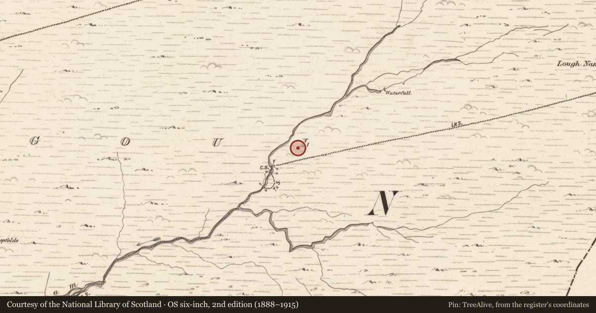 Ordnance Survey six-inch map, 2nd edition (1888–1915) covering the location of Enclosure, Gearhanagoul, County Kerry, with a pin at the register's coordinates
