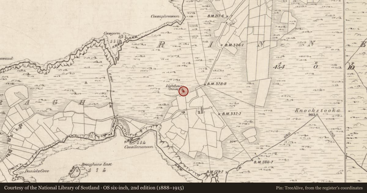 Ordnance Survey six-inch map, 2nd edition (1888–1915) covering the location of Barracks, An Rinnín, County Kerry, with a pin at the register's coordinates