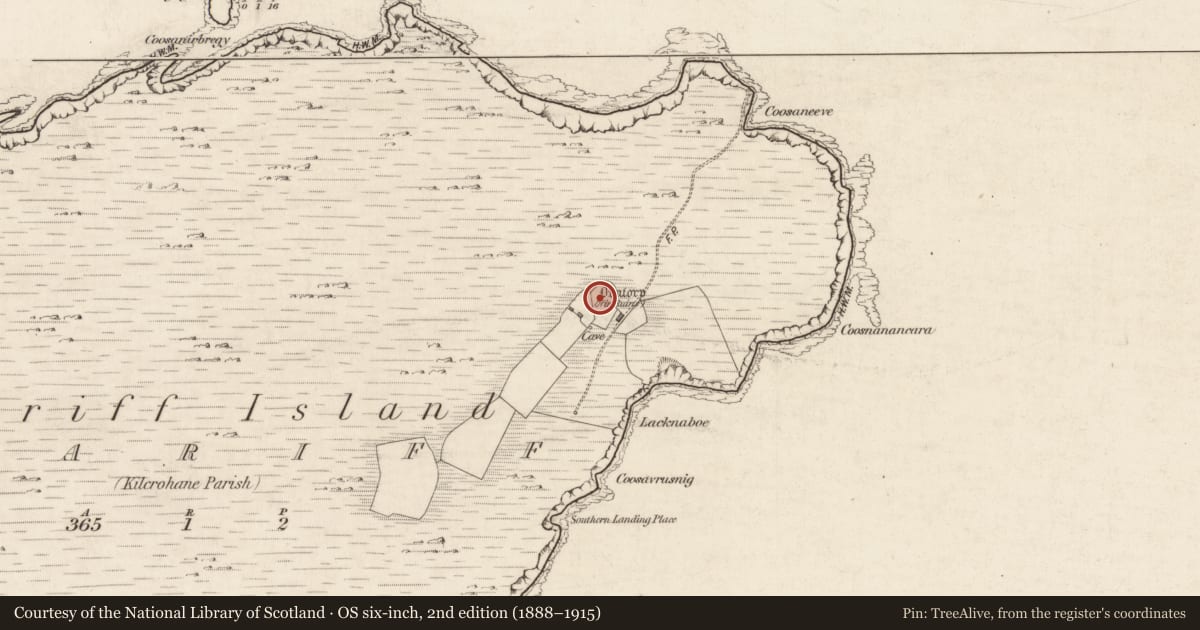 Ordnance Survey six-inch map, 2nd edition (1888–1915) covering the location of Church, Scariff, County Kerry, with a pin at the register's coordinates
