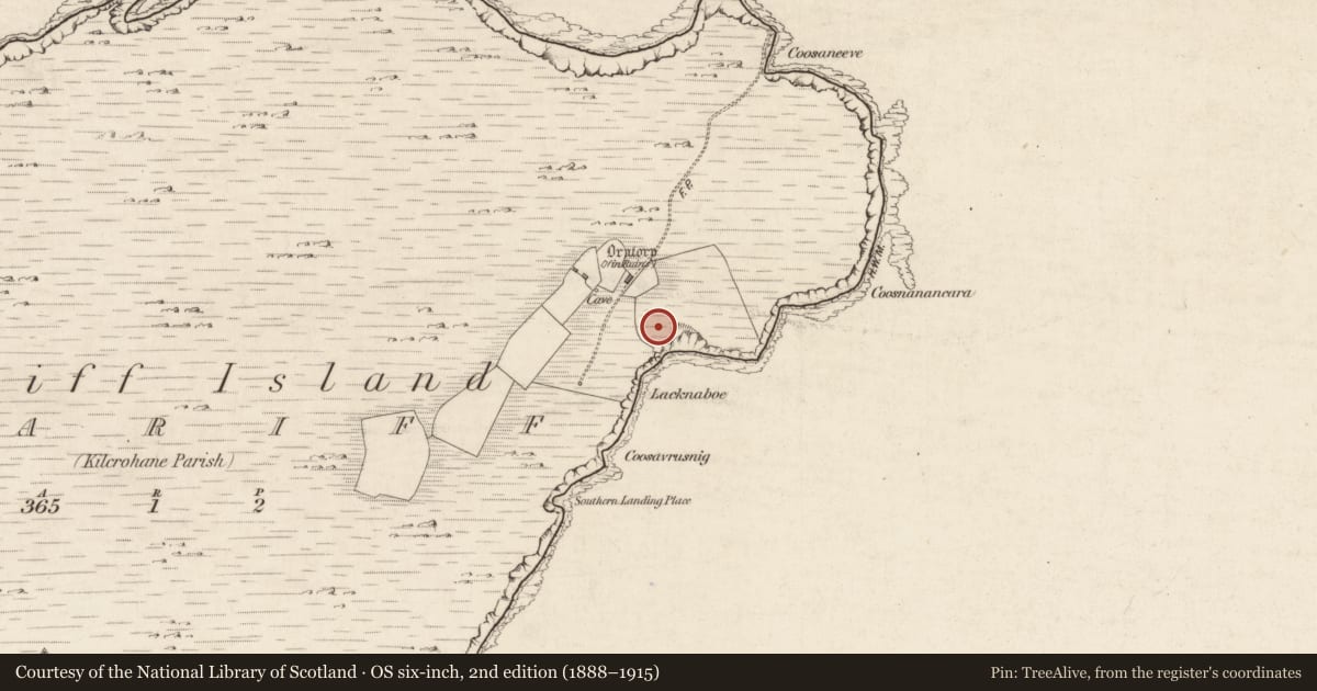 Ordnance Survey six-inch map, 2nd edition (1888–1915) covering the location of Ecclesiastical enclosure, Scariff, County Kerry, with a pin at the register's coordinates