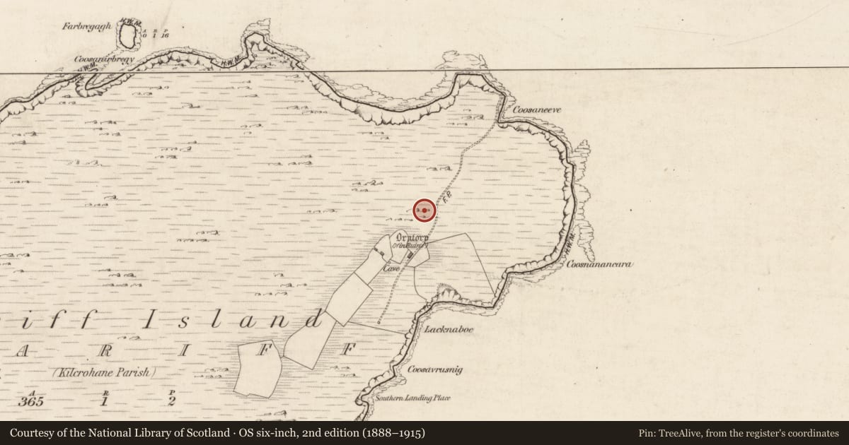 Ordnance Survey six-inch map, 2nd edition (1888–1915) covering the location of Children's burial ground, Scariff, County Kerry, with a pin at the register's coordinates