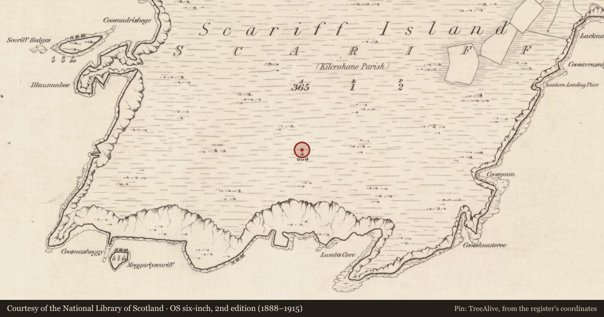 Ordnance Survey six-inch map, 2nd edition (1888–1915) covering the location of Hermitage, Scariff, County Kerry, with a pin at the register's coordinates