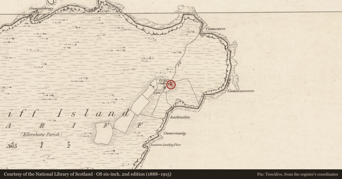 Ordnance Survey six-inch map, 2nd edition (1888–1915) covering the location of Megalithic structure, Scariff, County Kerry, with a pin at the register's coordinates