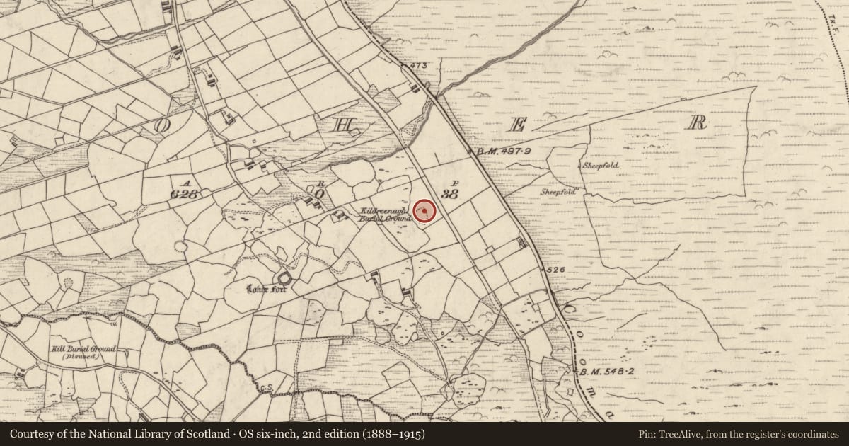 Ordnance Survey six-inch map, 2nd edition (1888–1915) covering the location of Church, An Lóthar, County Kerry, with a pin at the register's coordinates