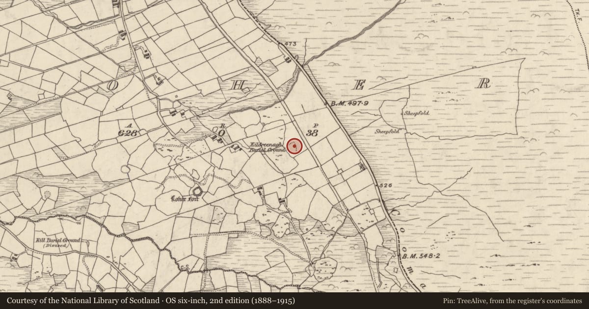 Ordnance Survey six-inch map, 2nd edition (1888–1915) covering the location of Cross-slab, An Lóthar, County Kerry, with a pin at the register's coordinates