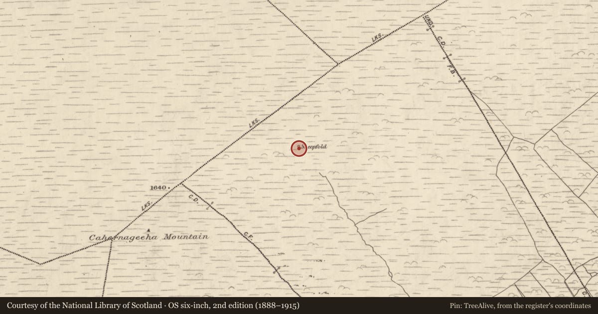Ordnance Survey six-inch map, 2nd edition (1888–1915) covering the location of Hut site, Com Na Heorna Thiar, County Kerry, with a pin at the register's coordinates