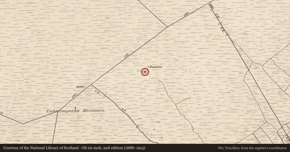 Ordnance Survey six-inch map, 2nd edition (1888–1915) covering the location of Hut site, Com Na Heorna Thiar, County Kerry, with a pin at the register's coordinates