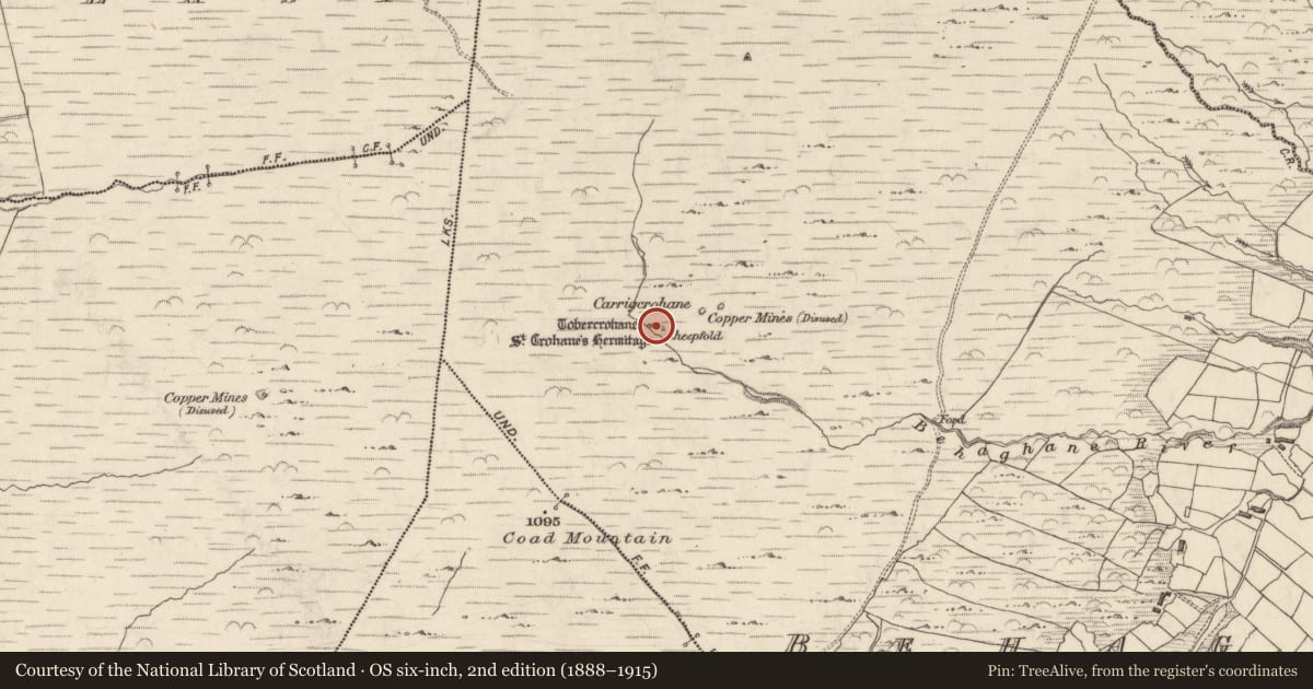 Ordnance Survey six-inch map, 2nd edition (1888–1915) covering the location of Ritual site - holy well, Behaghane, County Kerry, with a pin at the register's coordinates
