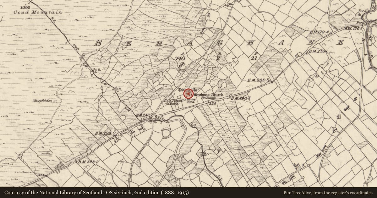 Ordnance Survey six-inch map, 2nd edition (1888–1915) covering the location of Church, Behaghane, County Kerry, with a pin at the register's coordinates