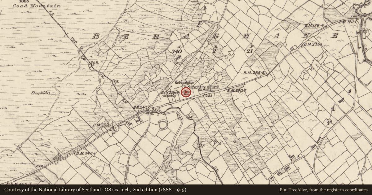 Ordnance Survey six-inch map, 2nd edition (1888–1915) covering the location of Graveyard, Behaghane, County Kerry, with a pin at the register's coordinates