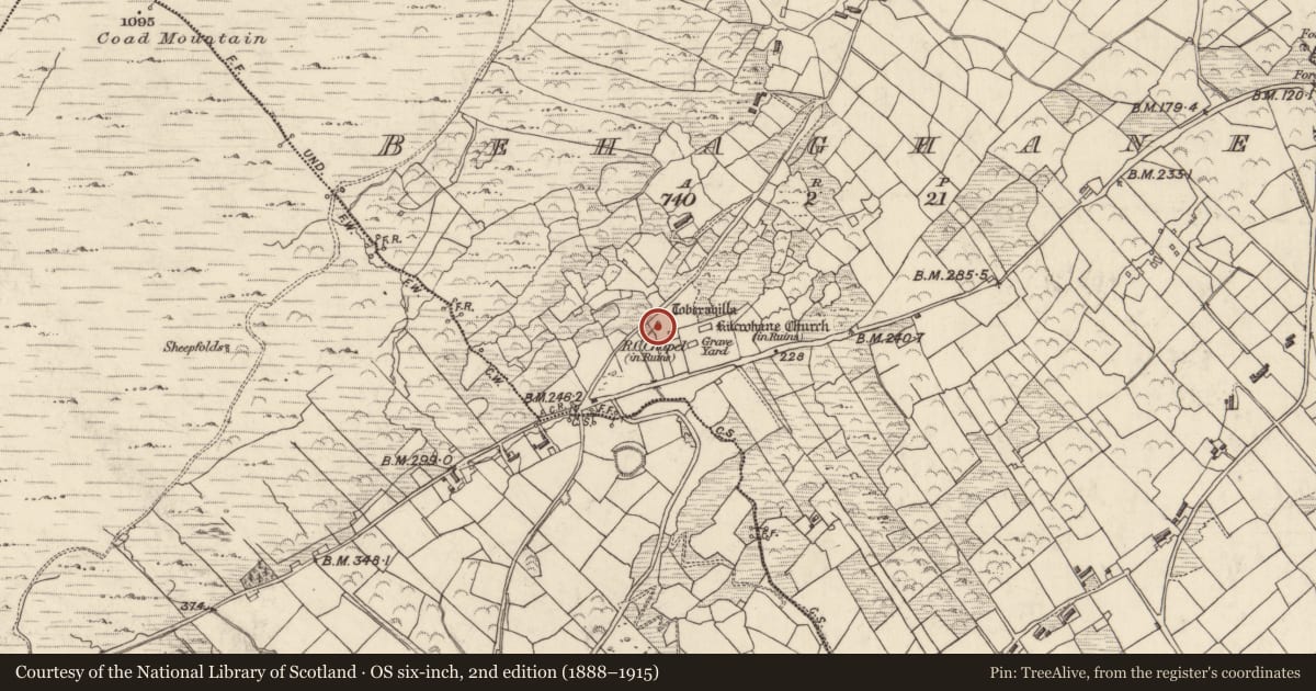 Ordnance Survey six-inch map, 2nd edition (1888–1915) covering the location of Ritual site - holy well, Behaghane, County Kerry, with a pin at the register's coordinates