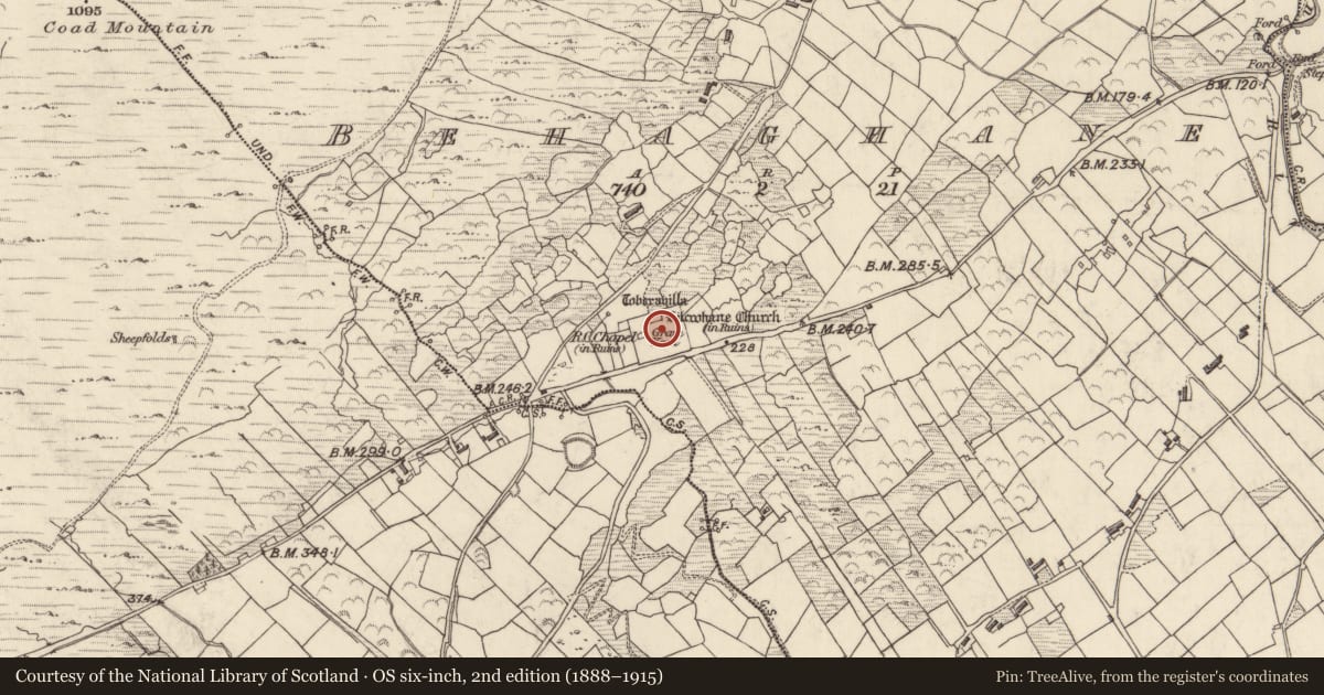 Ordnance Survey six-inch map, 2nd edition (1888–1915) covering the location of Cross-slab, Behaghane, County Kerry, with a pin at the register's coordinates